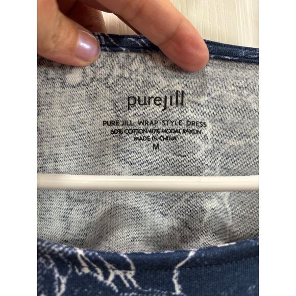 Pure Jill J. Jill Women M Faux Wrap Blue White Cotton Modal 3/4 Sleeve Dress - Picture 6 of 10
